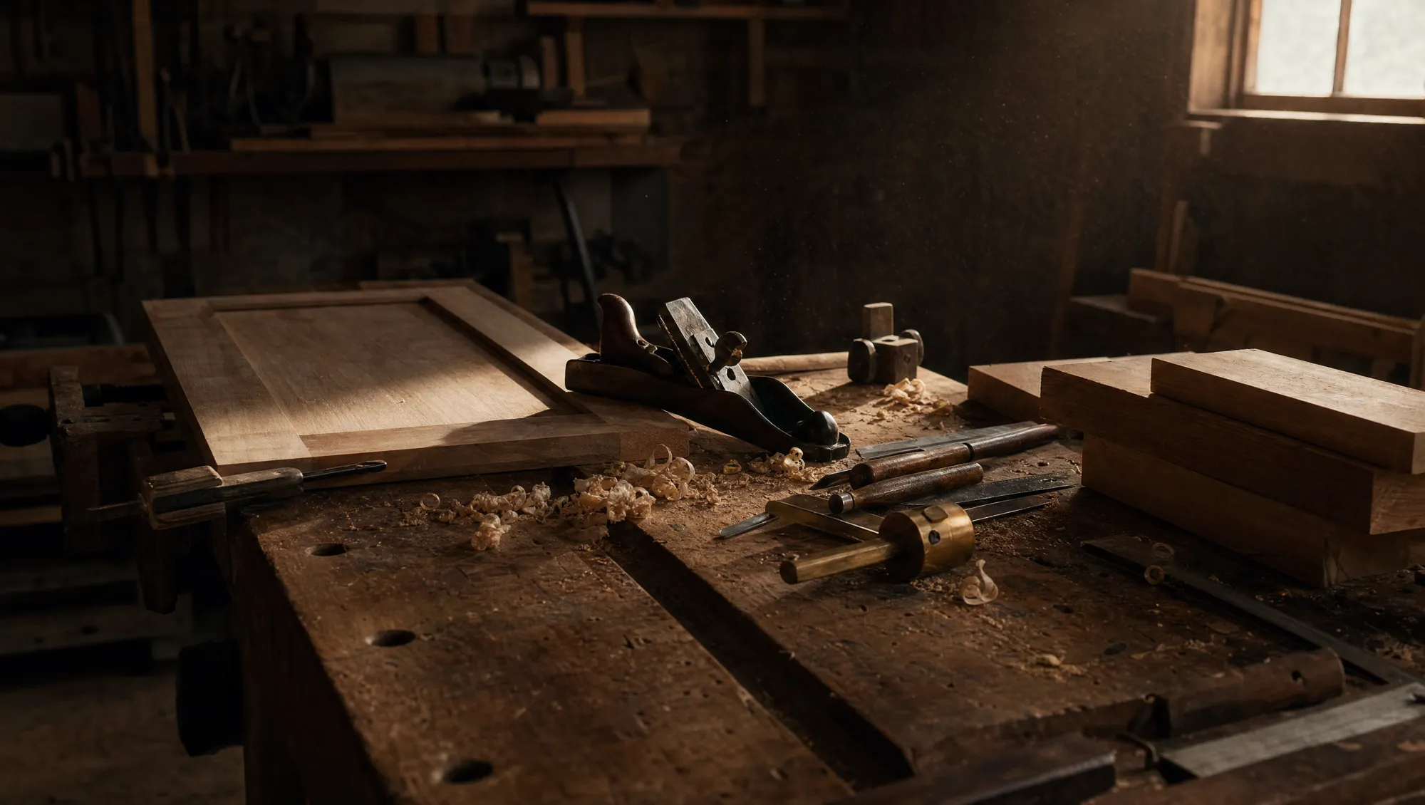 A carpenter's workbench with hand planes, chisels, and a half-finished cabinet door in the Fogg Carpentry workshop