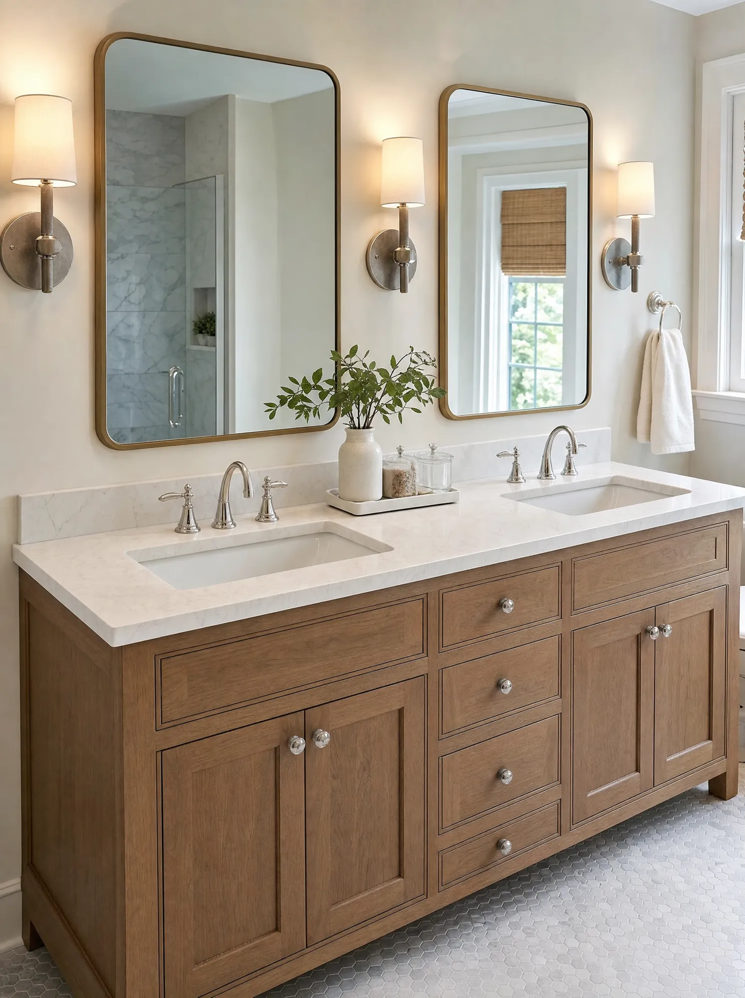 Custom wood double vanity with two undermount sinks, quartz top, and framed mirrors by Fogg Carpentry