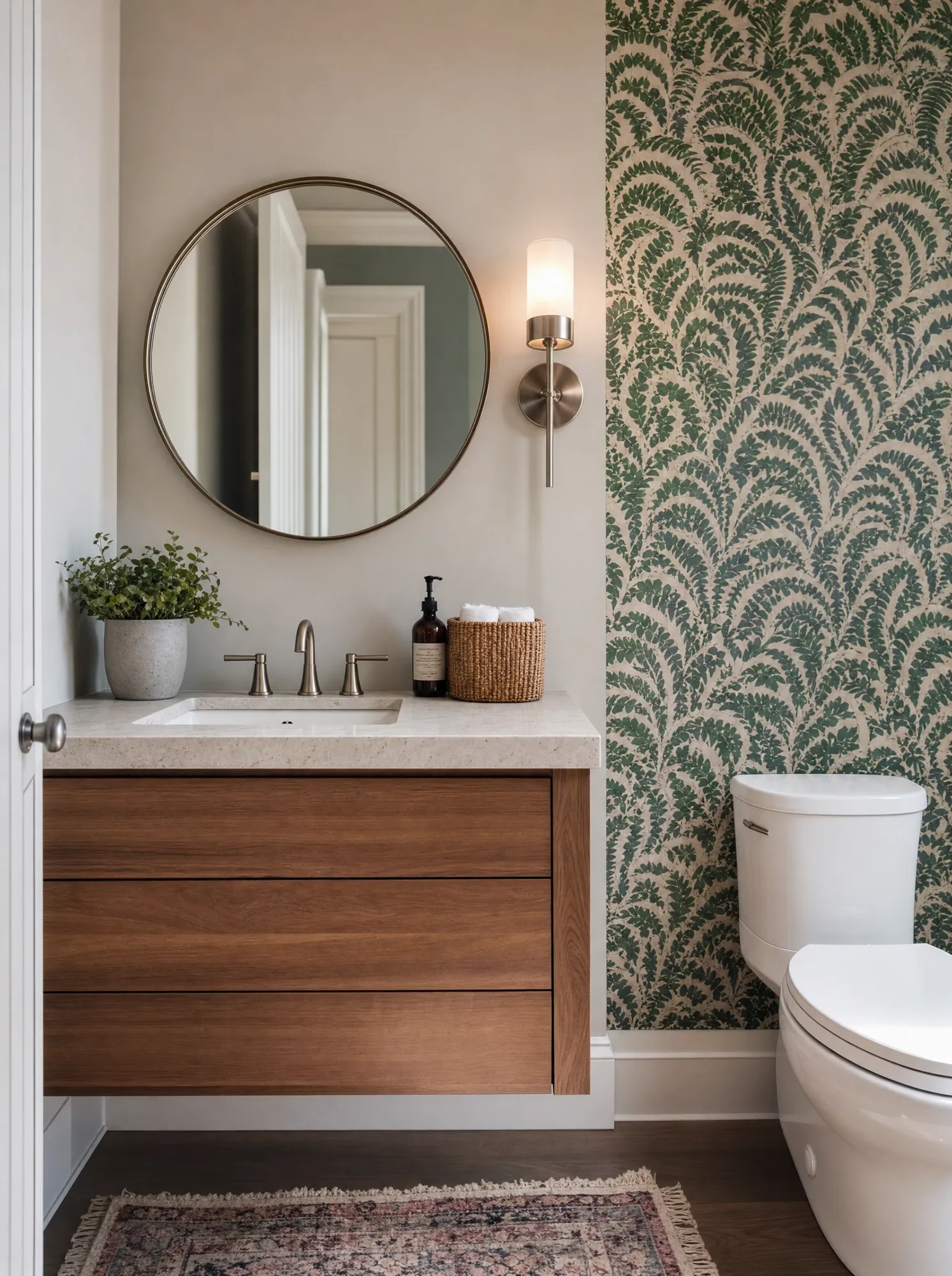 Powder room with a floating wood vanity, round mirror, and patterned wallpaper