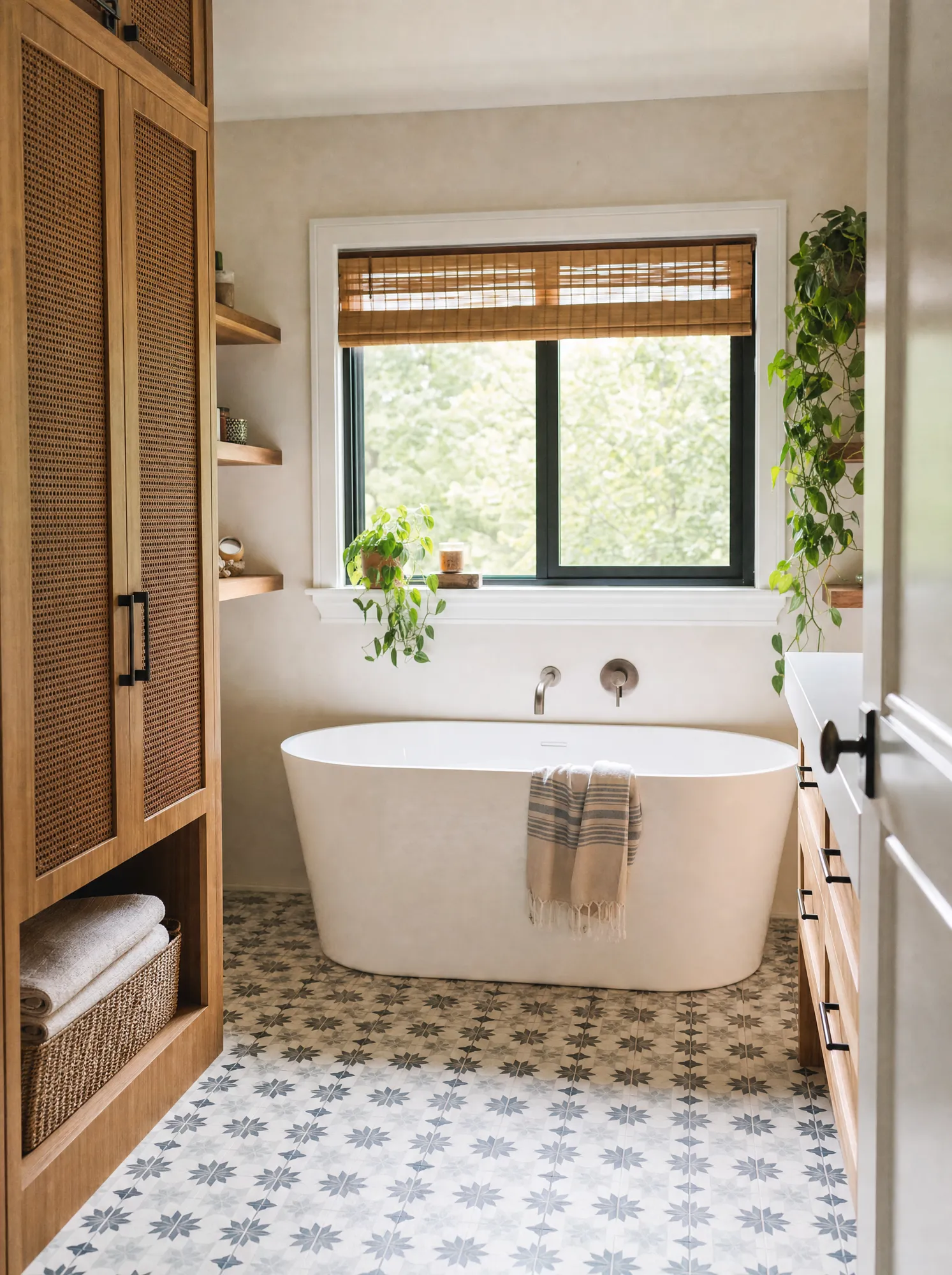 Freestanding soaking tub beneath a window with patterned floor tile