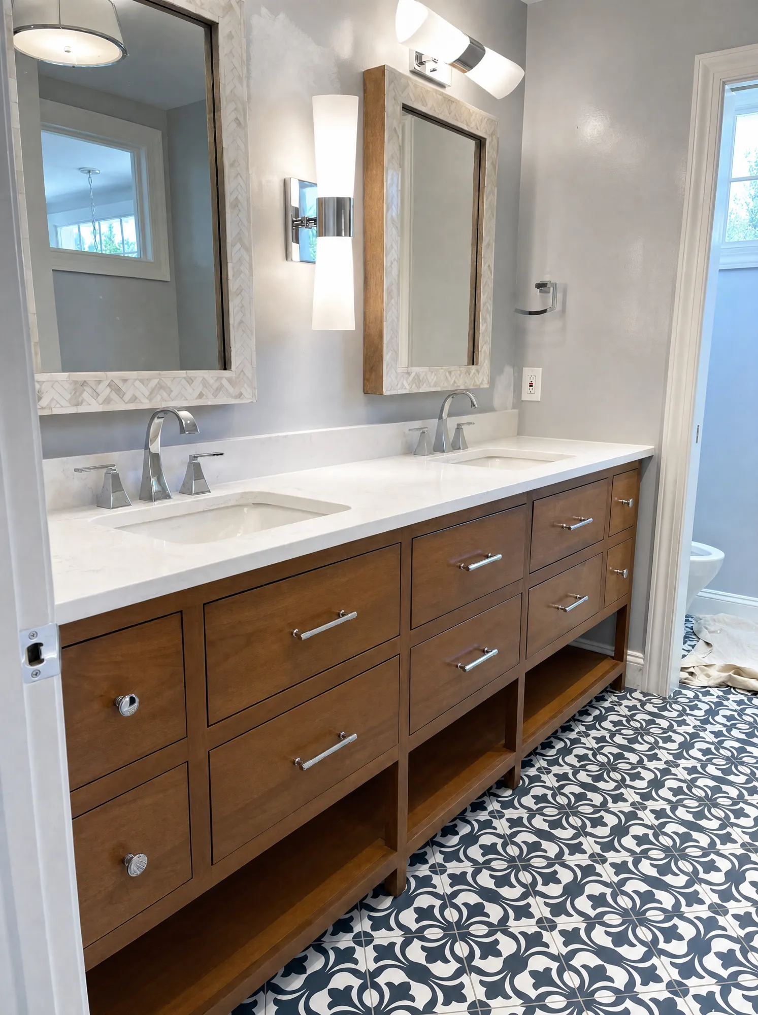 Finished bathroom remodel with custom wood double vanity