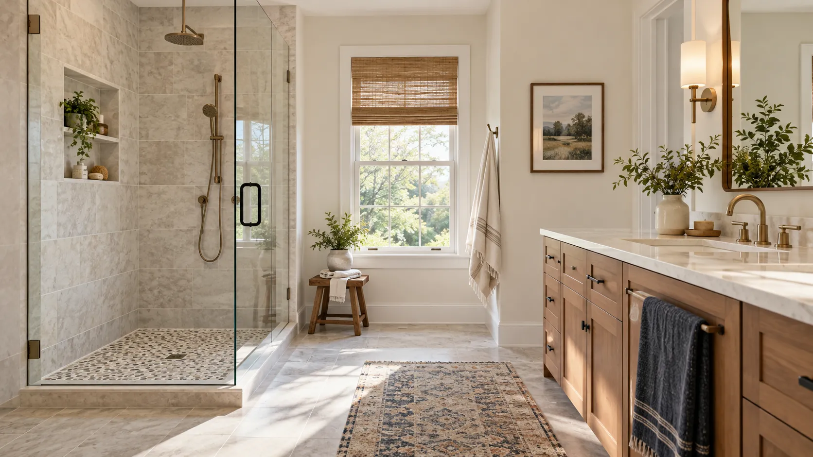 Illustrative bright bathroom with a walk-in shower and wood vanity