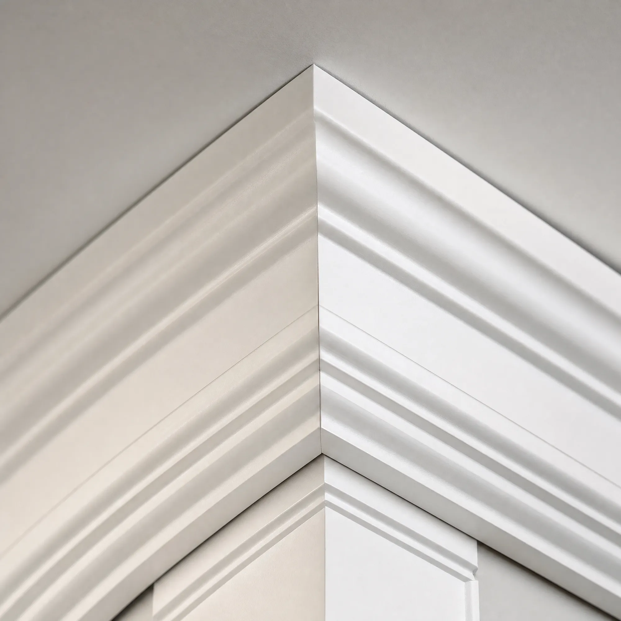 Close-up of a flawless mitered corner on white crown molding
