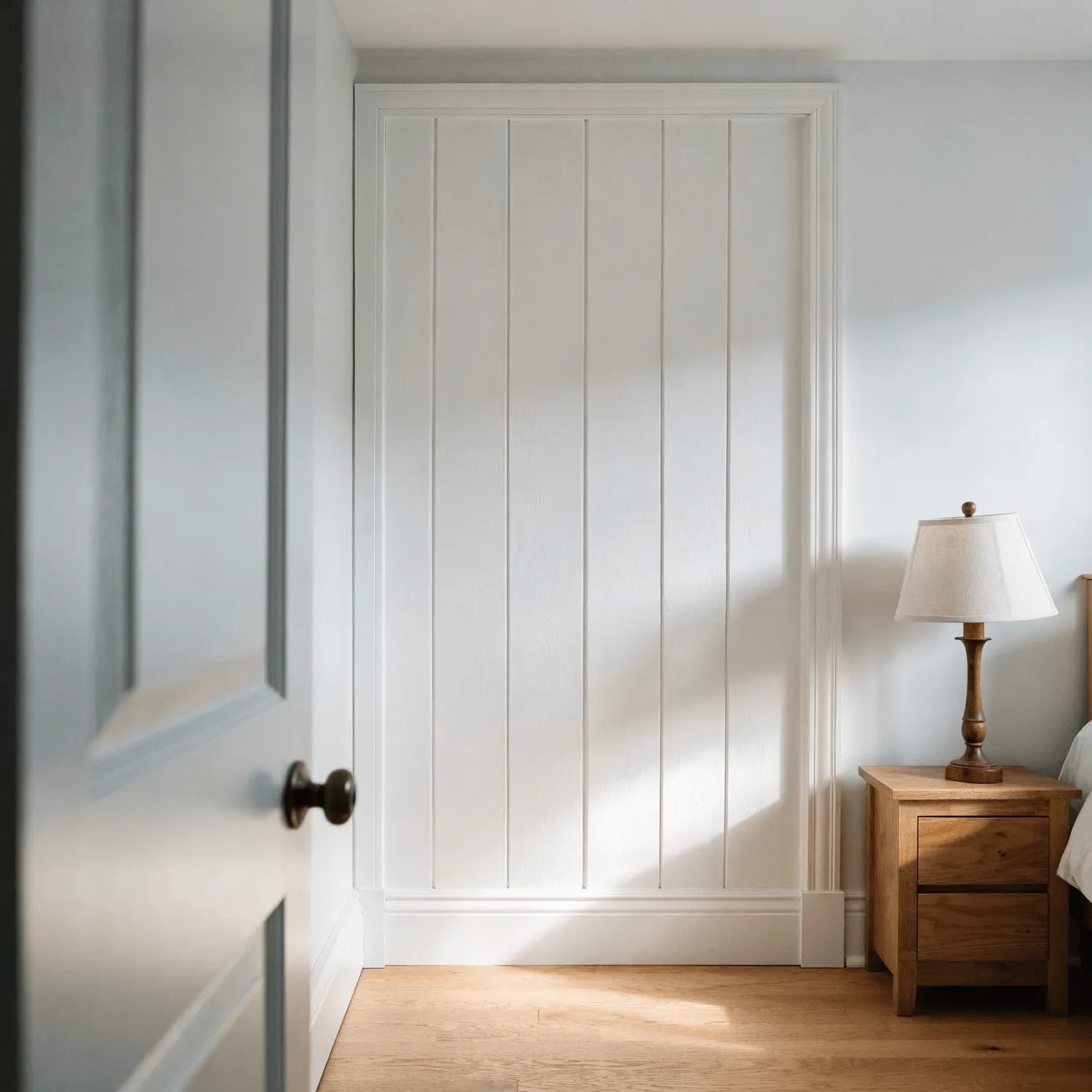 Custom white board-and-batten accent wall in a remodeled bedroom by Fogg Carpentry