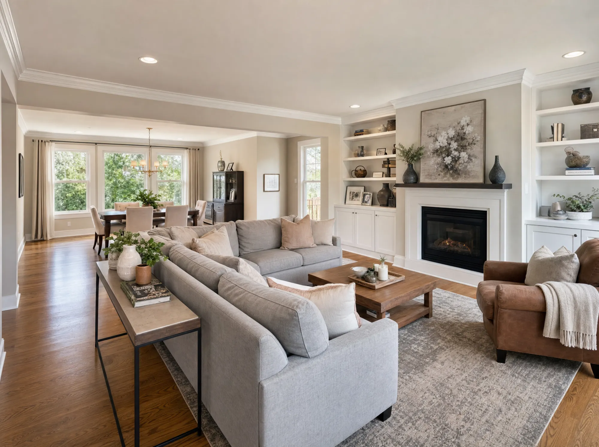 After: Living room before and after a remodel with custom built-ins and hardwood floors, Rockville MD