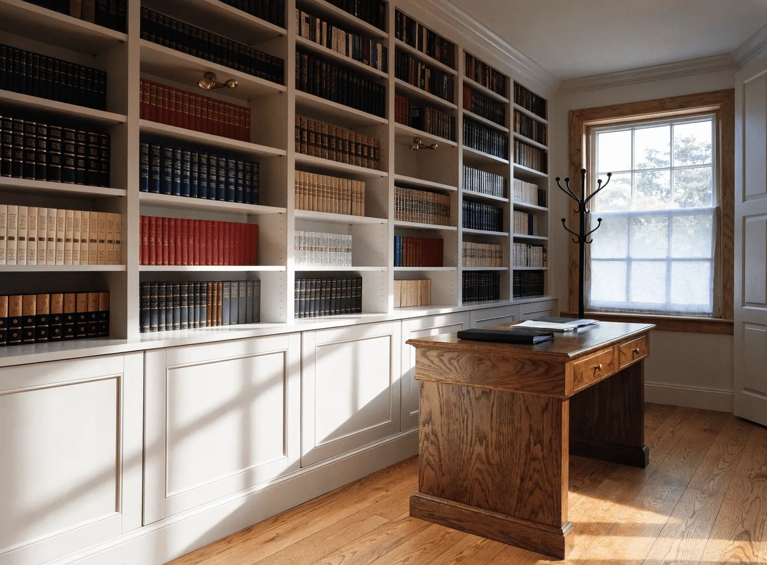 Custom white floor-to-ceiling library built-ins with a stained walnut desk by Fogg Carpentry