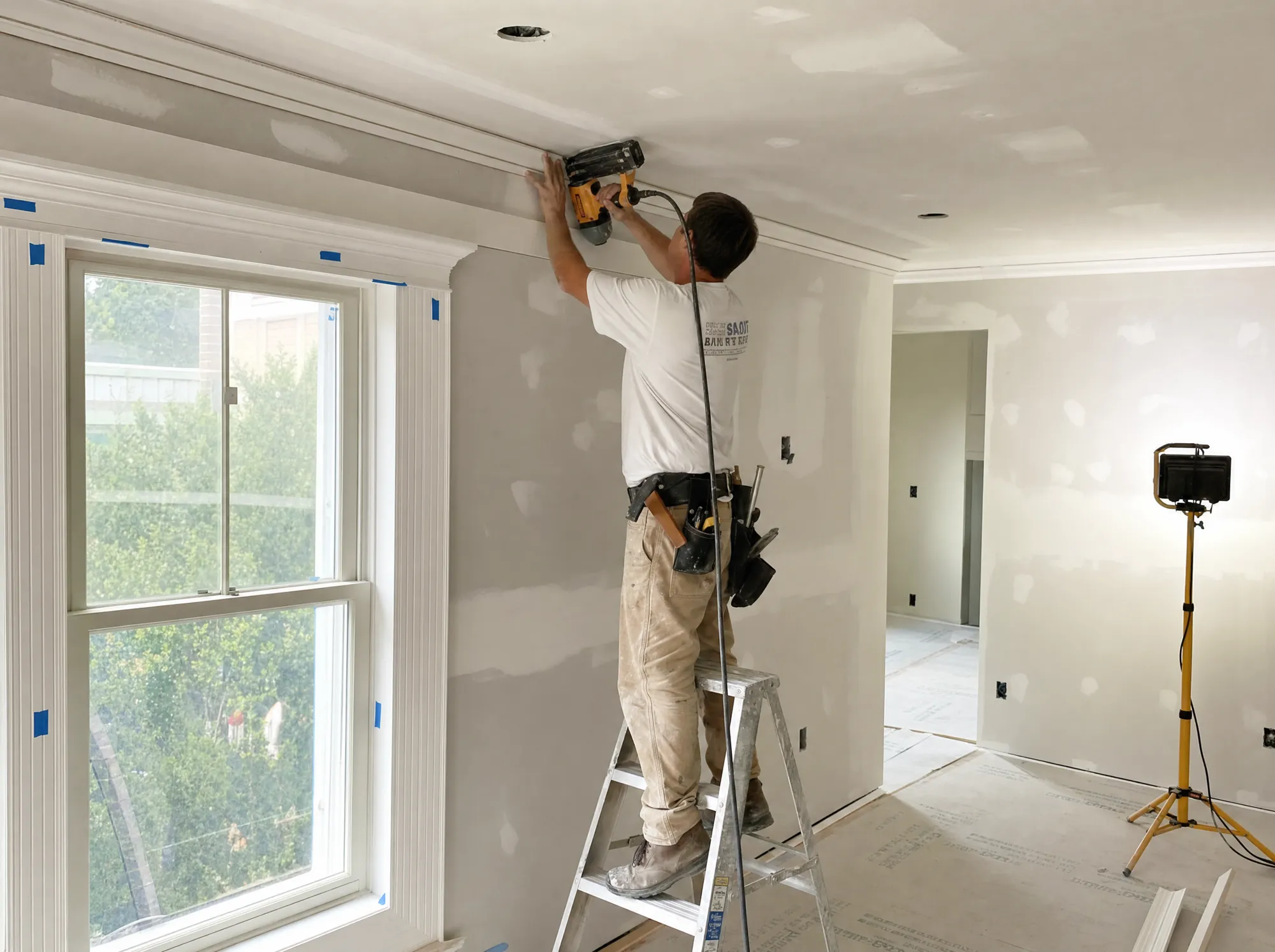 Carpenter fitting crown molding and trim on a Fogg Carpentry remodel job site