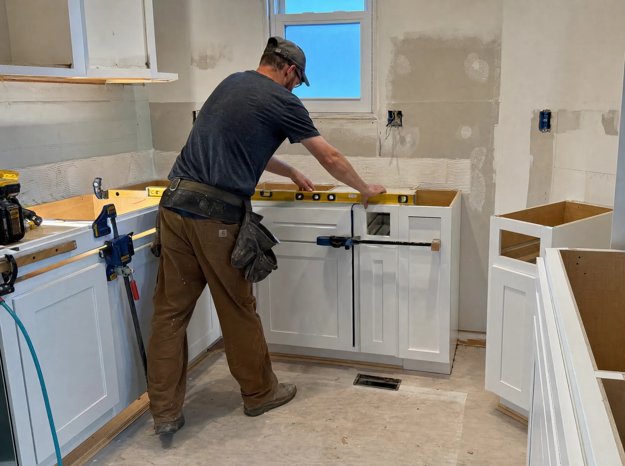 Carpenter setting and leveling white shaker kitchen cabinets on a Fogg Carpentry job site