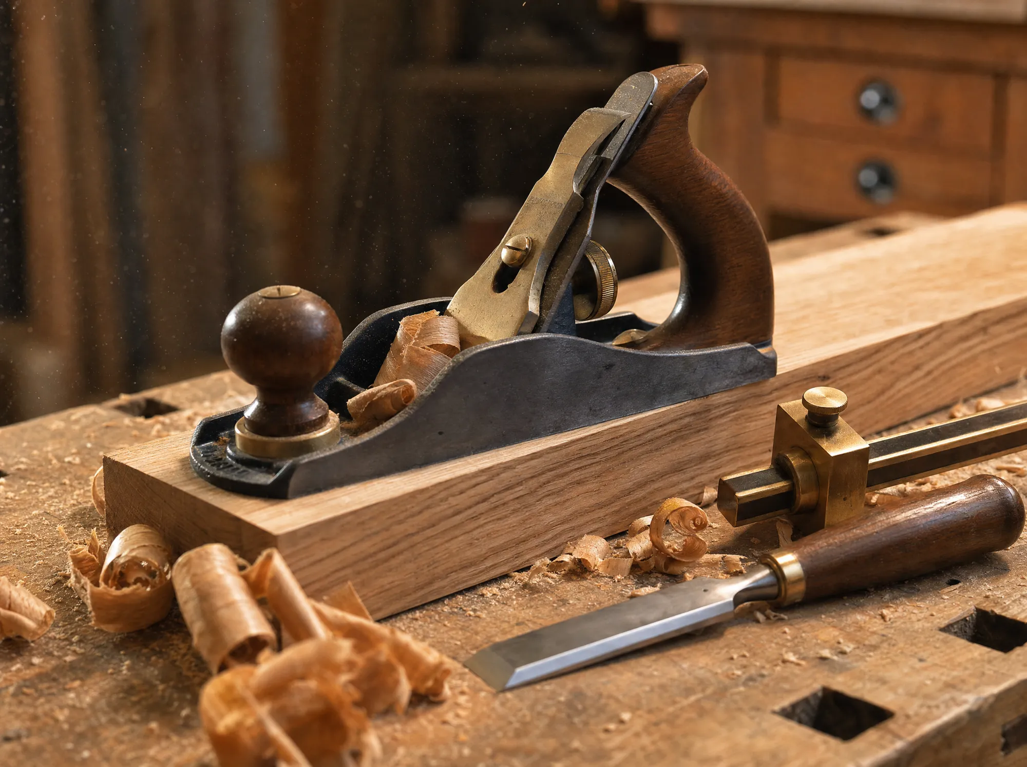 Carpenter hand-planing a piece of oak with curled wood shavings