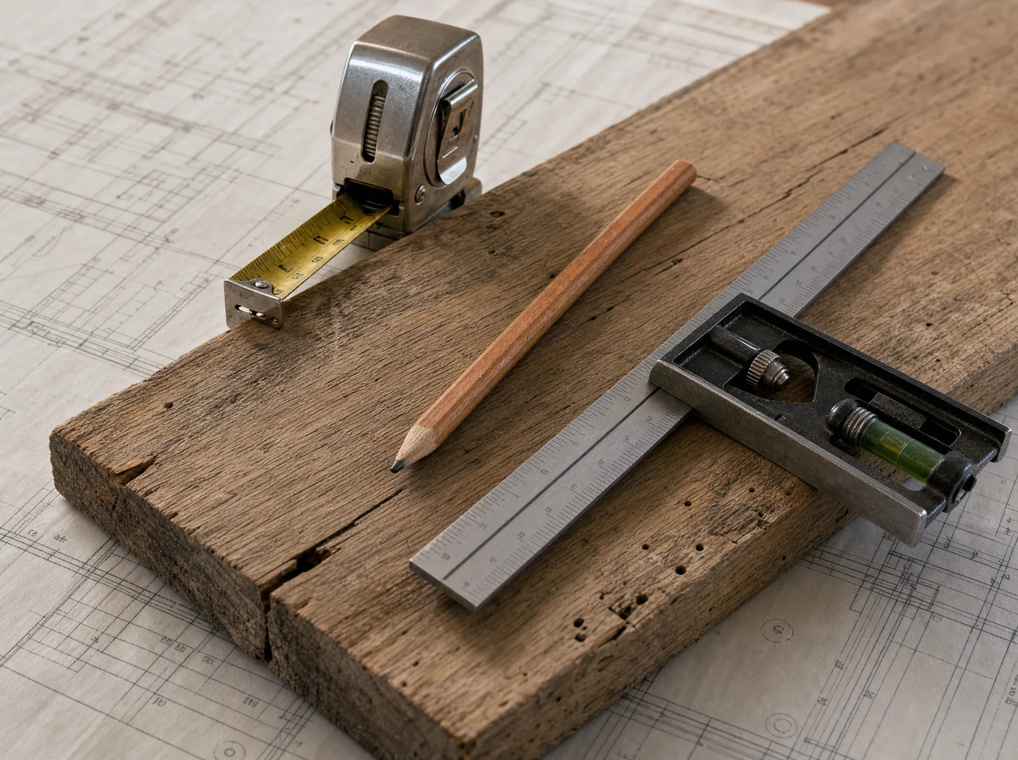 Carpenter measuring a wood board over architectural blueprints with a tape measure and pencil