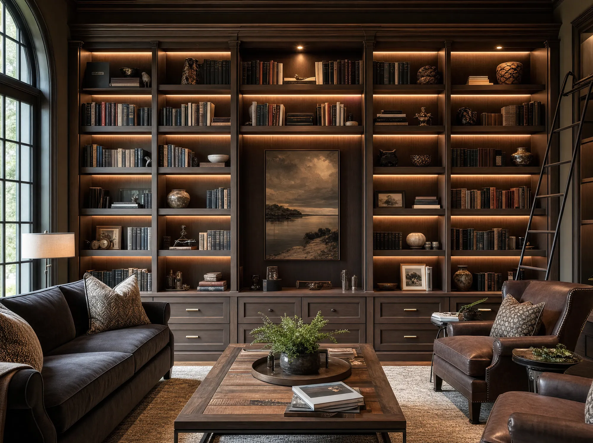 Finished custom dark-wood floor-to-ceiling built-in library in a luxury home