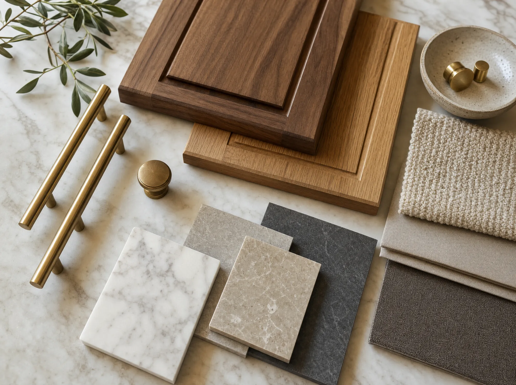 Hands arranging walnut and oak wood samples with brass hardware for a material selection