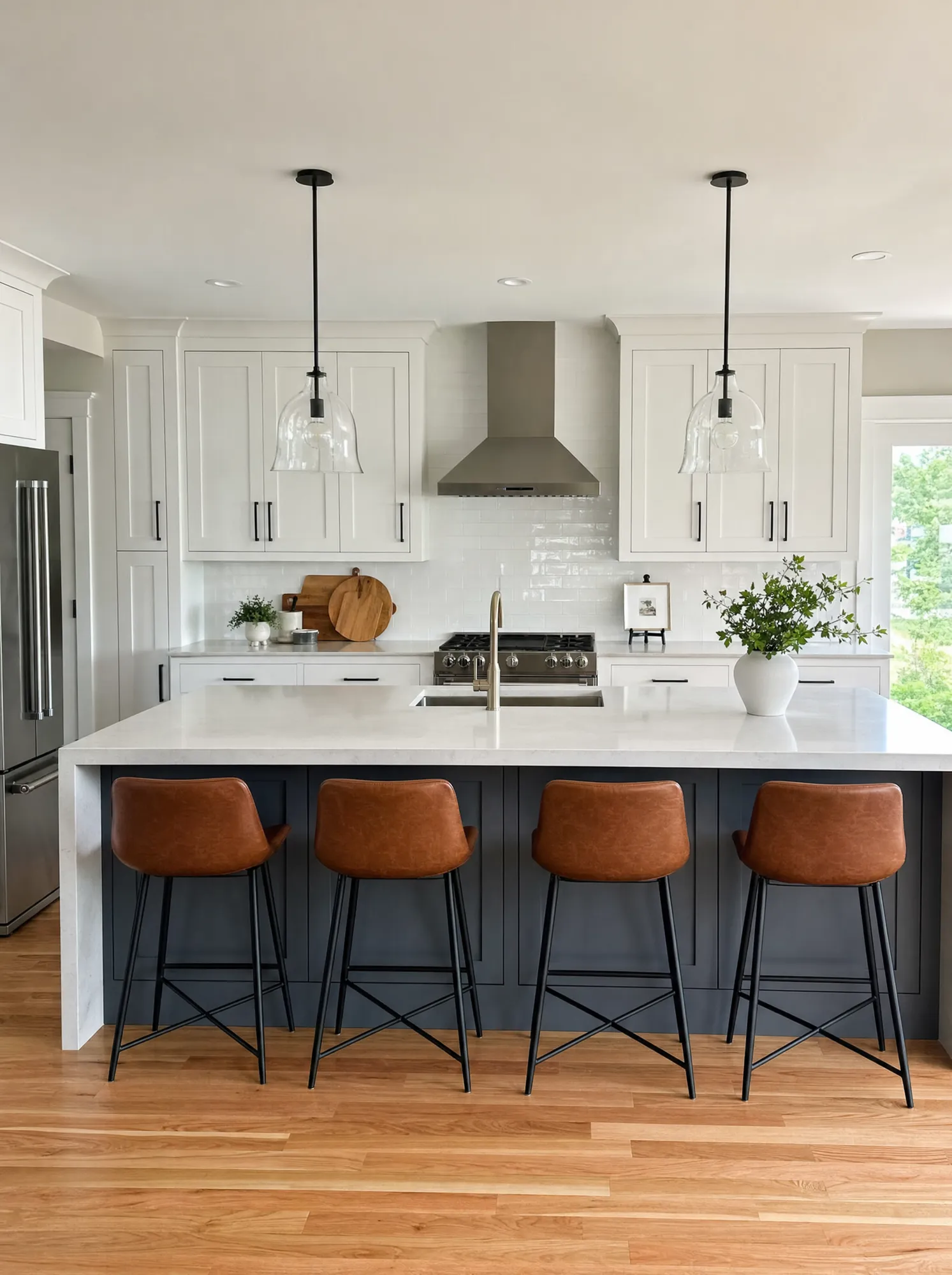 Remodeled kitchen with a navy island, seating, range and hood, and white cabinetry by Fogg Carpentry