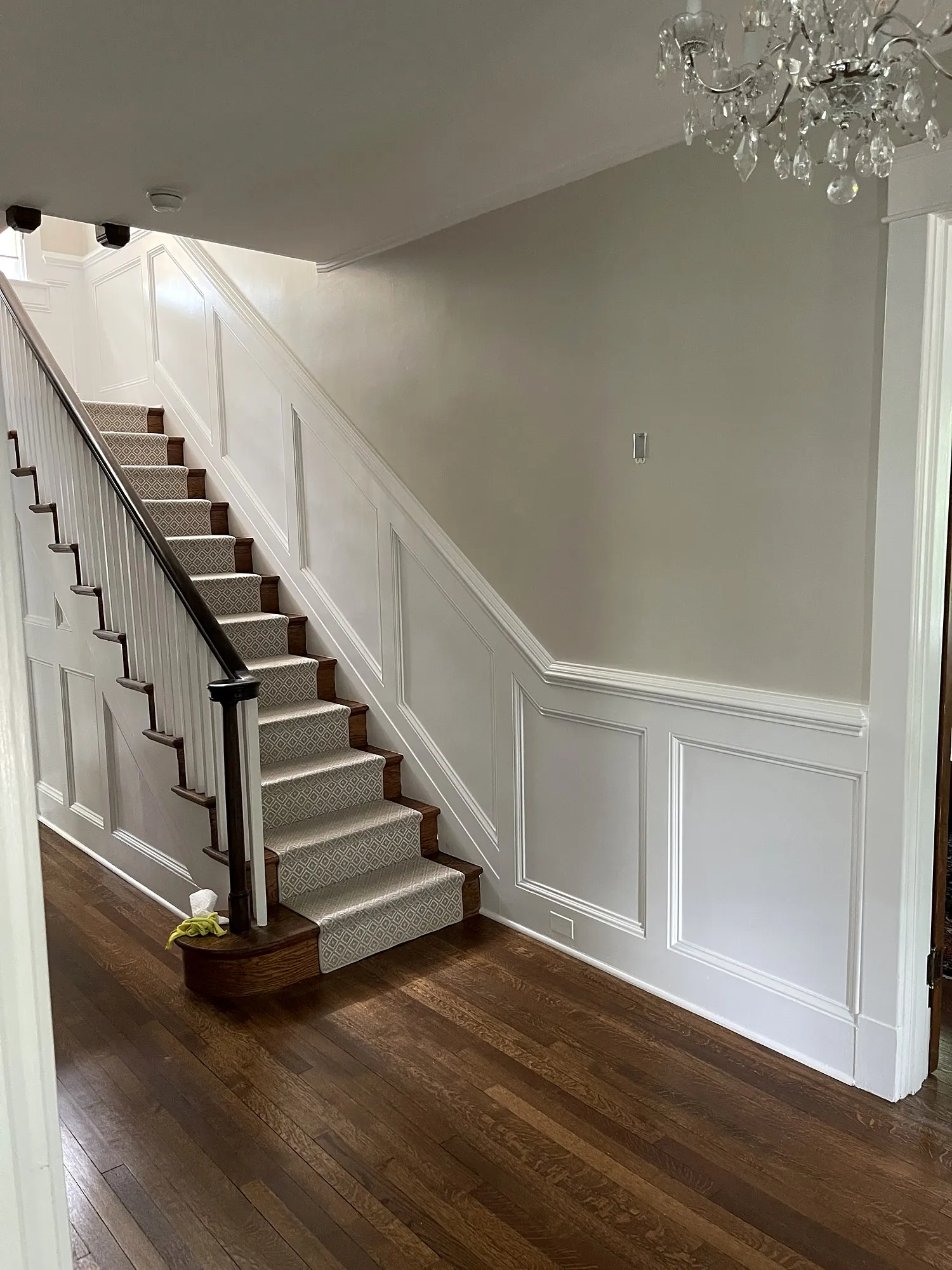 White paneled wainscoting with a cap rail following a carpeted staircase down to a hardwood hall