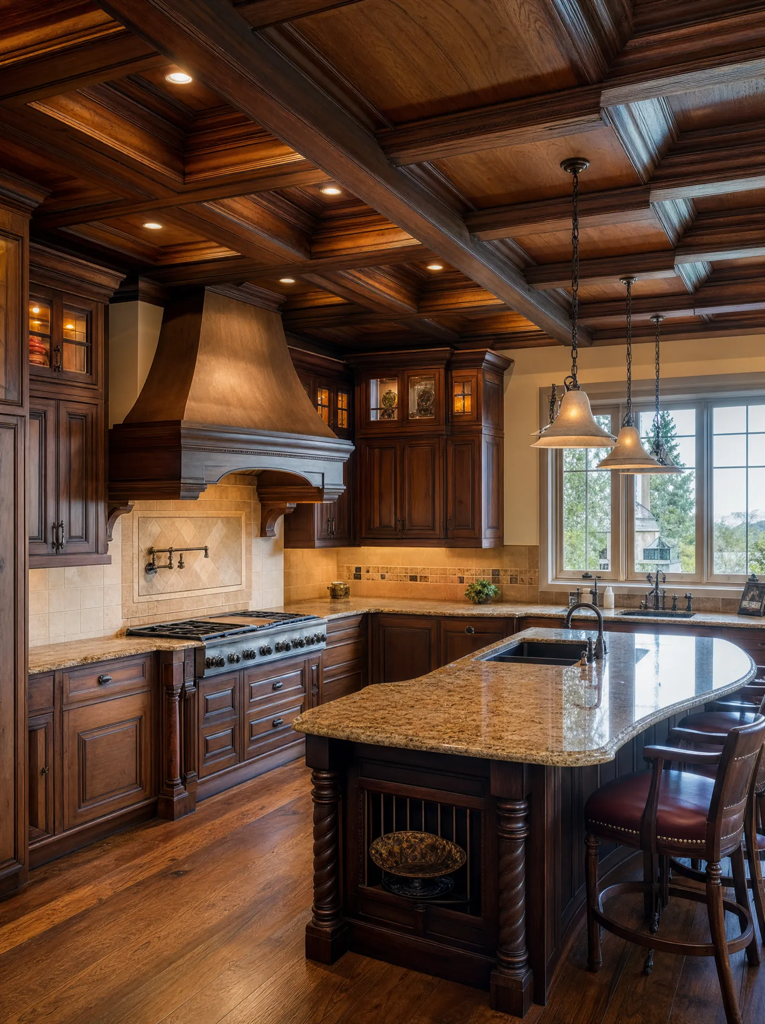 Coffered-ceiling kitchen with dark-wood built-ins and clean trim